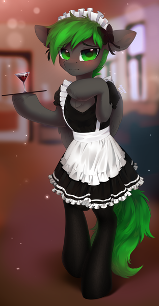 Size: 2128x4096 | Tagged: safe, alternate version, artist:anku, derpibooru import, oc, oc:bytewave, unofficial characters only, pegasus, pony, semi-anthro, alcohol, blurry background, blushing, chest fluff, clothes, commission, crossdressing, ear blush, eye clipping through hair, eyebrows, eyebrows visible through hair, fishnets, floppy ears, flustered, glass, hock fluff, image, looking at you, maid, maid headdress, male, pegasus oc, png, signature, socks, solo, stallion, stockings, thigh highs, unshorn fetlocks, wine, wine glass, wings, ych result