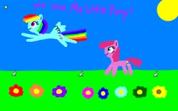 Size: 1920x1200 | Tagged: safe, artist:skylark64, derpibooru import, pinkie pie, rainbow dash, earth pony, pegasus, pony, rabbit, animal, best friends, critters, cute, dashabetes, diapinkes, duo, exclamation point, female, flower, flying, fun, fun fun fun, g4, image, kid pix, love, mare, my little pony, no nose, plant, png, rainbow dash can fly, smiling, stamp, sun, walking