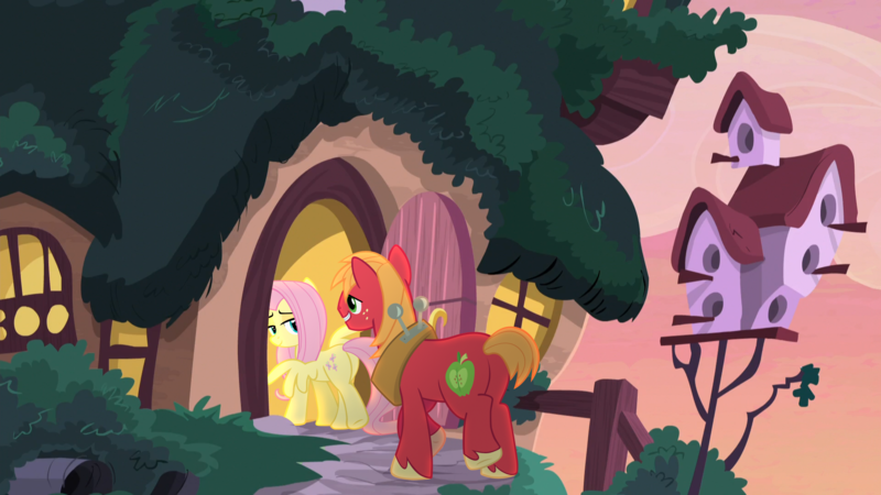 Size: 1920x1080 | Tagged: safe, anonymous artist, derpibooru import, big macintosh, fluttershy, earth pony, pegasus, pony, castle sweet castle, bedroom eyes, big backintosh, butt, date night, female, flutterbutt, fluttermac, fluttershy's cottage, grin, image, inviting, looking at each other, looking at someone, looking back, male, mare, plot, png, screencap background, shipping, smiling, smiling at each other, spread wings, stallion, straight, sunset, wingboner, wings