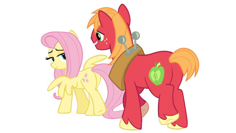 Size: 4000x2250 | Tagged: safe, anonymous artist, derpibooru import, big macintosh, fluttershy, earth pony, pegasus, pony, bedroom eyes, big backintosh, butt, female, flutterbutt, fluttermac, grin, high res, image, inviting, looking at each other, looking at someone, looking back, male, mare, plot, png, shipping, simple background, smiling, smiling at each other, spread wings, stallion, straight, transparent background, vector, wingboner, wings