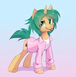 Size: 668x676 | Tagged: safe, artist:velvety, derpibooru import, oc, oc:wata, unofficial characters only, pony, unicorn, clothes, gradient background, horn, image, jacket, looking at you, missing texture, png, shirt, solo, standing, t-shirt, tongue out