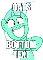 Size: 1200x1660 | Tagged: safe, artist:tardifice, derpibooru import, edit, editor:pink amena, lyra heartstrings, pony, unicorn, big grin, bottom text, caption, faic, female, food, grin, hooves together, image, image macro, irrational exuberance, meme, oats, png, shrunken pupils, simple background, smiling, solo, text, that pony sure does love oats, vector, white background