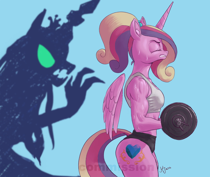 Size: 1890x1588 | Tagged: safe, artist:raikoh, derpibooru import, princess cadance, queen chrysalis, alicorn, anthro, athletic, clothes, female, floating wings, image, jpeg, muscles, muscular female, princess ca-dense, scrunchy face, shadow, shorts, slim, solo, sports bra, sports shorts, sweat, weight lifting, weights, wings, workout, workout outfit