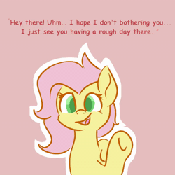 Size: 600x600 | Tagged: safe, artist:comfort_ponies, derpibooru import, fluttershy, pegasus, pony, animated, dialogue, eyes closed, gif, happy, heart, hug, image, looking at you, raised hoof, solo, spread wings, waving, wings