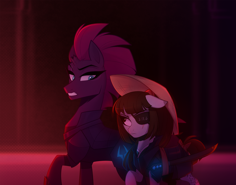 Size: 1022x800 | Tagged: safe, artist:thewandie, derpibooru import, tempest shadow, oc, oc:ohasu, earth pony, pony, unicorn, armor, asian conical hat, belt, broken horn, commission, duo, eye scar, eyepatch, facial scar, female, gritted teeth, hat, hoof shoes, horn, image, japanese, katana, looking at each other, looking at someone, mare, moon runes, png, raised hoof, scar, sword, tattoo, teeth, weapon, ych result