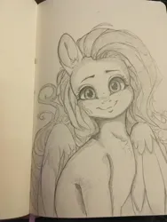 Size: 3024x4032 | Tagged: safe, artist:miokomata, derpibooru import, fluttershy, pegasus, pony, cute, female, freckles, freckleshy, grayscale, image, jpeg, looking at you, mare, monochrome, pencil drawing, shyabetes, smiling, smiling at you, solo, traditional art