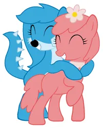 Size: 822x1011 | Tagged: safe, artist:sonypicturesstudios36, derpibooru import, ponified, cat, cat pony, dracony, dragon, earth pony, hybrid, original species, pony, base used, best friends, best friends forever, cat-dracony, cat-dragon, duo, eyes closed, female, flower, flower bubble, flower bubble pony, flower in hair, foodee, foofa, g4, grin, hug, image, lesbian, logo, mare, nick jr., png, raised hoof, raised leg, rule 85, shipping, simple background, smiling, toodee, white background, yo gabba gabba!