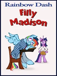 Size: 716x952 | Tagged: safe, artist:partyponypower, derpibooru import, rainbow dash, twilight sparkle, pegasus, pony, unicorn, billy madison, bipedal, bipedal leaning, clothes, hand on hip, image, jpeg, leaning, movie poster, pun, reference, sitting