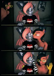 Size: 3111x4400 | Tagged: safe, artist:willitfit, derpibooru import, oc, oc:benjamin terrance tover, oc:tristan sev, bat pony, earth pony, clothes, comic, cute, gay, glasses, image, kiss on the cheek, kissing, male, partial nudity, png, streaming, surprised, topless, waving