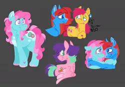 Size: 1089x762 | Tagged: safe, artist:partyponypower, derpibooru import, coconut grove, flippity flop, minty, waterfire, earth pony, pegasus, pony, g3, blushing, dialogue, female, hug, image, jpeg, lesbian, pink hair, purple hair, red hair, redesign, sweat, sweatdrop