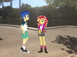 Size: 1133x845 | Tagged: safe, artist:yungdeez, derpibooru import, flash sentry, sunset shimmer, human, equestria girls, camp everfree outfits, central park, clothes, converse, female, flashimmer, image, irl, male, new york city, photo, png, shipping, shoes, shorts, smiling, straight