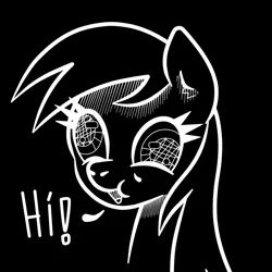 Size: 1000x1000 | Tagged: safe, artist:scandianon, derpibooru import, derpy hooves, pegasus, pony, black and white, bust, dialogue, female, grayscale, happy, image, mare, monochrome, png, simple background, smiling, talking to viewer, wall eyed