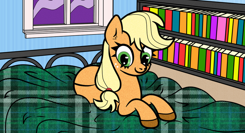 Size: 2200x1200 | Tagged: safe, artist:scandianon, derpibooru import, applejack, earth pony, pony, bed, blanket, bookshelf, female, hooves, image, indoors, looking down, lying down, mare, night, png, prone, window