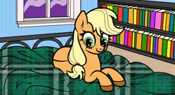 Size: 2200x1200 | Tagged: safe, artist:scandianon, derpibooru import, applejack, earth pony, pony, bed, blanket, bookshelf, female, hooves, image, indoors, looking down, lying down, mare, night, png, prone, window