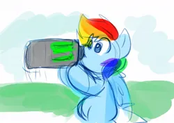 Size: 1099x778 | Tagged: safe, artist:zutcha, derpibooru import, rainbow dash, pegasus, pony, drink, drinking, energy drink, eye clipping through hair, female, hoof hold, image, jpeg, mare, missing cutie mark, monster energy, soda can, solo