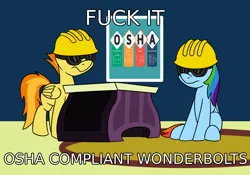 Size: 1000x700 | Tagged: safe, artist:unitxxvii, derpibooru import, rainbow dash, spitfire, pegasus, pony, clothes, female, frown, goggles, hard hat, hat, image, jpeg, mare, osha, safety goggles, text, vulgar