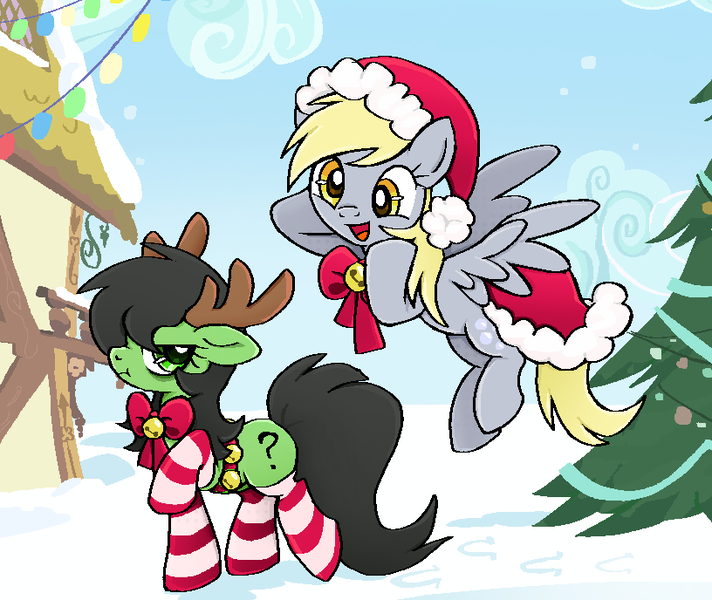 Size: 816x688 | Tagged: safe, artist:muffinz, derpibooru import, derpy hooves, oc, oc:anonfilly, earth pony, pegasus, pony, angry, animal costume, background, christmas, clothes, costume, cute, derpabetes, duo, female, filly, hat, hearth's warming eve, holiday, image, jingle bells, madorable, png, reindeer costume, santa costume, santa hat, snow, socks, striped socks, unamused
