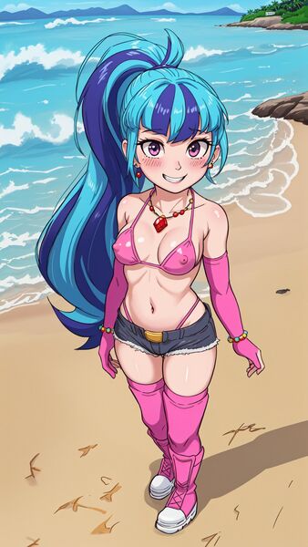 Size: 1080x1920 | Tagged: suggestive, derpibooru import, machine learning generated, stable diffusion, sonata dusk, human, ai content, beach, belly button, blue hair, boots, booty shorts, bracelet, clothes, covered nipples, day, detached sleeves, ear piercing, earring, erect nipples, from above, generator:cartunafiedv3, generator:mlpsonatadusk-10, grin, humanized, image, jewelry, jpeg, lipstick, looking at you, multicolored hair, necklace, nipple outline, ocean, piercing, prompt in description, prompter:marusame, shoes, smiling, smiling at you, solo, swimsuit, thigh boots, thong swimsuit, water