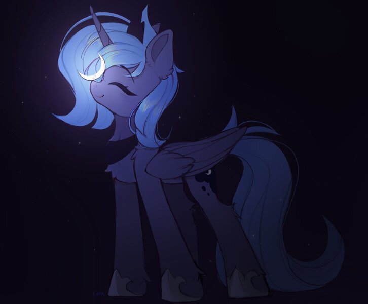 Size: 1024x846 | Tagged: safe, artist:lerkfruitbat, derpibooru import, princess luna, alicorn, pony, balancing, chest fluff, cute, eyebrows, eyebrows visible through hair, eyes closed, female, folded wings, hoof shoes, horn, image, jpeg, leg fluff, lunabetes, mare, peytral, ponies balancing stuff on their nose, princess shoes, smiling, solo, tangible heavenly object, wings