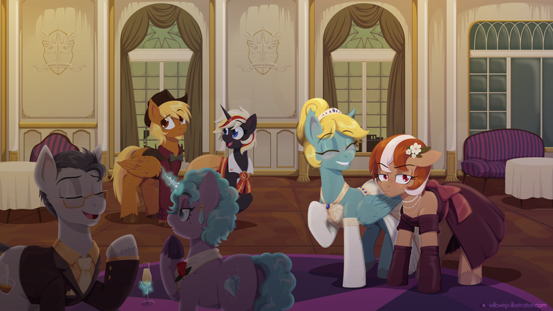 Size: 1920x1080 | Tagged: safe, artist:willoillo, derpibooru import, oc, oc:calamity, oc:roulette, oc:velvet remedy, earth pony, pegasus, fallout equestria, fallout equestria: red 36, clothes, dress, fanfic art, female, gala, image, male, oc x oc, png, shipping, straight, tenpony tower, velamity