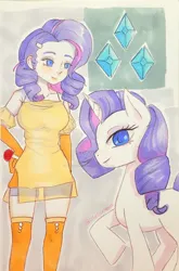 Size: 1920x2908 | Tagged: safe, artist:lilacloveheart, derpibooru import, rarity, human, pony, unicorn, clothes, cutie mark, dress, human ponidox, image, jpeg, self paradox, self ponidox, smiling, solo, traditional art