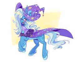 Size: 1340x1080 | Tagged: safe, artist:icedtoast, derpibooru import, trixie, pony, unicorn, abstract background, blush sticker, blushing, cape, clothes, female, hat, image, mare, one eye closed, open mouth, png, signature, solo, trixie's cape, trixie's hat, unshorn fetlocks