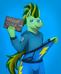 Size: 4108x4990 | Tagged: suggestive, artist:tacomytaco, derpibooru import, oc, oc:taco.m.tacoson, unofficial characters only, anthro, pegasus, briefs, clothes, dork, frontal wedgie, hoodie, image, looking at you, male, png, self wedgie, shorts, sign, smiling, solo, solo male, underwear, wedgie