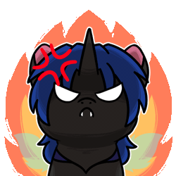 Size: 500x500 | Tagged: safe, artist:sugar morning, derpibooru import, oc, oc:swift dawn, unofficial characters only, changeling, angry, animated, blue changeling, changeling oc, chibi, commission, cross-popping veins, emanata, emoji, eye clipping through hair, fangs, fire, frown, gif, horn, image, looking at you, male, simple background, solo, transparent background, wings, ych animation, ych result