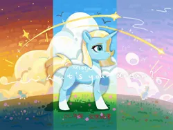 Size: 2048x1536 | Tagged: safe, artist:rily, derpibooru import, oc, pony, unicorn, chinese text, dawn, grass, image, jpeg, looking at something, moon runes, solo, stars