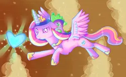 Size: 750x456 | Tagged: artist needed, source needed, safe, derpibooru import, princess cadance, spike, alicorn, dragon, pony, the crystal empire, crystal heart, dragons riding ponies, duo, female, flying, image, jpeg, male, mare, riding, scene interpretation