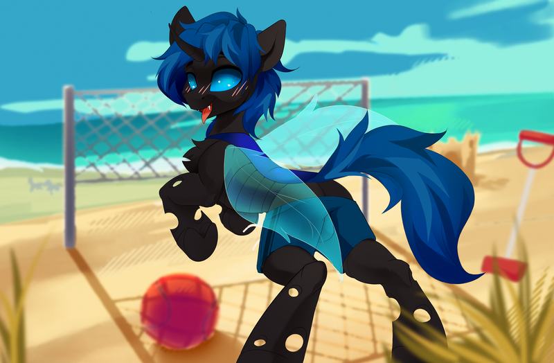 Size: 3862x2530 | Tagged: questionable, artist:jazzynsfw, derpibooru import, oc, oc:swift dawn, unofficial characters only, changeling, beach, blue changeling, blurry background, blushing, butt, changeling oc, chest fluff, clothes, commission, eyebrows, fangs, frog (hoof), grass, high res, horn, image, looking at you, looking back, looking back at you, male, messy mane, mooseknuckle, open mouth, outdoors, plot, png, raised tail, rear view, rearing, sandcastle, shovel, silhouette, sky, smiling, solo, spread wings, swimming trunks, swimsuit, tail, tongue out, underhoof, volleyball net, wings, ych result