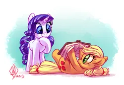 Size: 1755x1200 | Tagged: safe, artist:whitediamonds, derpibooru import, applejack, rarity, earth pony, pony, unicorn, book, cute, duo, duo female, female, freckles, hatless, hooves up, horn, image, jackabetes, lesbian, looking at someone, lying down, mare, missing accessory, on back, png, raised hoof, rarijack, rarijack daily, reading, shipping, signature, silly, silly pony, smiling, who's a silly pony