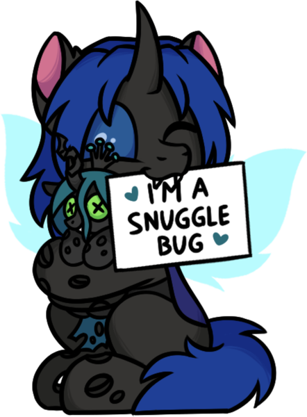 Size: 1398x1899 | Tagged: safe, artist:sugar morning, derpibooru import, queen chrysalis, oc, oc:swift dawn, unofficial characters only, changeling, blue changeling, blue eyes, changeling oc, commission, crown, cute, duo, fangs, female, green eyes, heart, horn, hug, image, jewelry, looking at you, male, mouth hold, ocbetes, one eye closed, one eye open, plushie, png, regalia, sign, simple background, sitting, smiling, spread wings, transparent background, wings, wink
