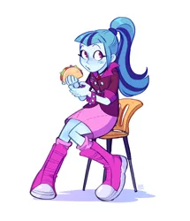 Size: 1280x1489 | Tagged: safe, artist:jellynut, derpibooru import, sonata dusk, equestria girls, boots, chair, clothes, eating, female, food, image, png, shoes, simple background, solo, sonataco, taco, white background