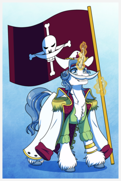 Size: 1181x1772 | Tagged: safe, alternate version, artist:inuhoshi-to-darkpen, derpibooru import, fancypants, pony, unicorn, commission, crossover, edward newgate, facial hair, flag, image, jolly roger, magic, moustache, one piece, pirate, png, solo, telekinesis