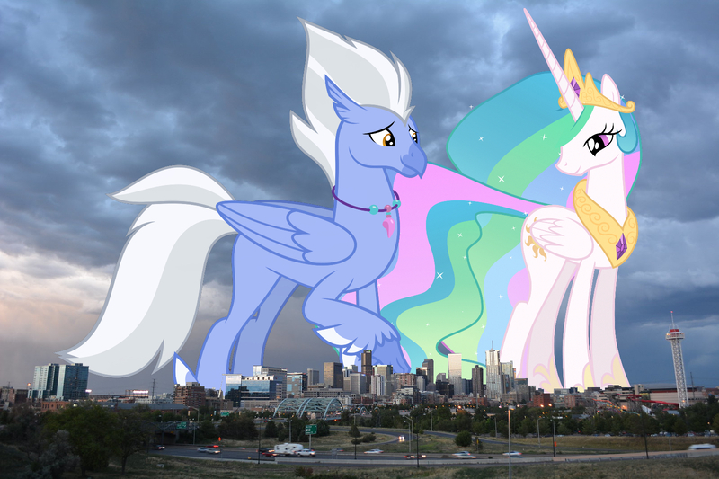 Size: 1600x1066 | Tagged: safe, artist:pilot231, artist:starryshineviolet, derpibooru import, edit, editor:jaredking779, princess celestia, sky beak, alicorn, classical hippogriff, hippogriff, pony, colorado, crown, denver, duo, female, giant pony, giantess, highrise ponies, image, irl, jewelry, jpeg, macro, male, mare, necklace, peytral, photo, ponies in real life, raised claw, regalia, smiling, story included