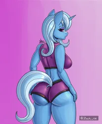 Size: 1400x1700 | Tagged: suggestive, artist:zachc, derpibooru import, trixie, anthro, unicorn, booty shorts, butt, clothes, female, hand on hip, image, looking at you, looking back, looking back at you, png, rear view, solo, tanktop, the great and powerful ass