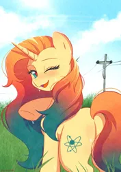 Size: 904x1280 | Tagged: safe, artist:cottonaime, derpibooru import, oc, oc:sheron, pony, unicorn, blushing, butt, female, grass, image, jpeg, looking at you, looking back, looking back at you, mare, one eye closed, open mouth, open smile, outdoors, plot, smiling, solo, wet