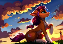 Size: 4096x2880 | Tagged: safe, derpibooru import, editor:felisamafeles, machine learning assisted, machine learning generated, stable diffusion, sunny starscout, earth pony, pony, g5, ai content, beautiful, chest fluff, cloud, derpibooru exclusive, dusk, ear fluff, fur, generator:pony diffusion v5.5, generator:purplesmart.ai, grass, grass field, image, lighthouse, png, scenery, sky, sunset