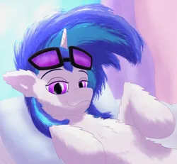 Size: 828x764 | Tagged: safe, artist:gosha305, derpibooru import, vinyl scratch, pony, unicorn, bed, bust, cheek fluff, chest fluff, curtains, ear fluff, female, horn, image, jpeg, lidded eyes, looking at you, lying down, multicolored hair, on back, pillow, portrait, smiling, smiling at you, solo, sunglasses, sunglasses on head