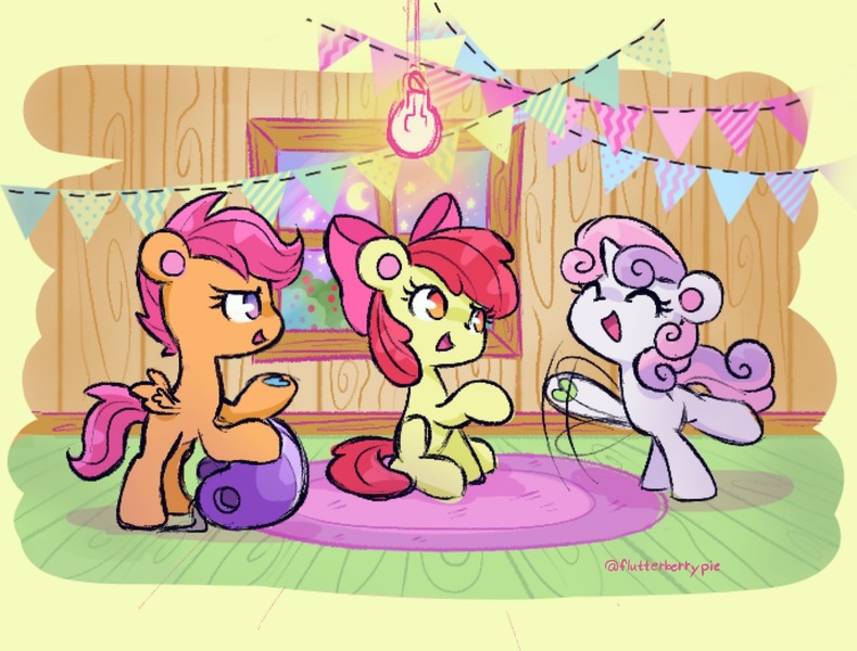 Size: 2048x1558 | Tagged: safe, artist:flutterberrypie, derpibooru import, apple bloom, scootaloo, sweetie belle, earth pony, pegasus, pony, unicorn, :d, ^^, adorabloom, apple bloom's bow, blank flank, bow, clubhouse, colored pinnae, colored underhoof, crusaders clubhouse, cute, cutealoo, cutie mark crusaders, cutie mark cuties, diasweetes, eyes closed, female, filly, foal, hair bow, happy, helmet, hoof heart, hooves, image, indoors, jpeg, lightbulb, looking at someone, motion lines, no pupils, open mouth, open smile, raised hoof, raised leg, round ears, signature, sitting, small wings, smiling, trio, underhoof, waving, wings