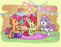 Size: 2048x1558 | Tagged: source needed, safe, artist:flutterberrypie, derpibooru import, apple bloom, scootaloo, sweetie belle, earth pony, pegasus, pony, unicorn, :d, ^^, adorabloom, apple bloom's bow, blank flank, bow, clubhouse, colored pinnae, colored underhoof, crusaders clubhouse, cute, cutealoo, cutie mark crusaders, cutie mark cuties, diasweetes, eyes closed, female, filly, foal, hair bow, happy, helmet, hoof heart, hooves, image, indoors, jpeg, lightbulb, looking at someone, motion lines, no pupils, open mouth, open smile, raised hoof, raised leg, round ears, signature, sitting, small wings, smiling, trio, underhoof, waving, wings