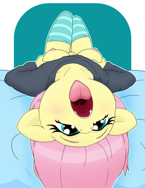 Size: 950x1230 | Tagged: questionable, artist:kumakum, derpibooru import, fluttershy, anthro, breast grab, breasts, clothes, grope, hoodie, image, lewd, looking at you, lying down, nipples, nudity, on back, open mouth, png, socks, stockings, striped socks, thigh highs