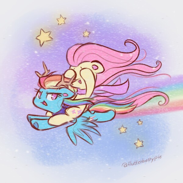Size: 2048x2048 | Tagged: safe, artist:flutterberrypie, derpibooru import, fluttershy, rainbow dash, pegasus, pony, colored pinnae, colored underhoof, covering eyes, cute, dashabetes, duo, duo female, eyes closed, female, flutterdash, fluttershy riding rainbow dash, flying, g4, high res, hoof heart, image, jpeg, lesbian, mare, no pupils, open mouth, ponies riding ponies, rainbow trail, riding, shipping, shyabetes, signature, spread wings, stars, underhoof, wings
