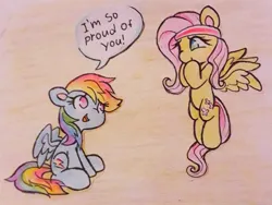 Size: 2048x1536 | Tagged: safe, artist:flutterberrypie, derpibooru import, fluttershy, rainbow dash, pegasus, pony, colored pinnae, cute, dashabetes, dialogue, duo, duo female, female, floating, flutterdash, flying, g4, image, jpeg, lesbian, looking at each other, looking at someone, mare, no pupils, open mouth, pencil drawing, shipping, shyabetes, sitting, smiling, speech bubble, spread wings, sweatband, talking, traditional art, wings