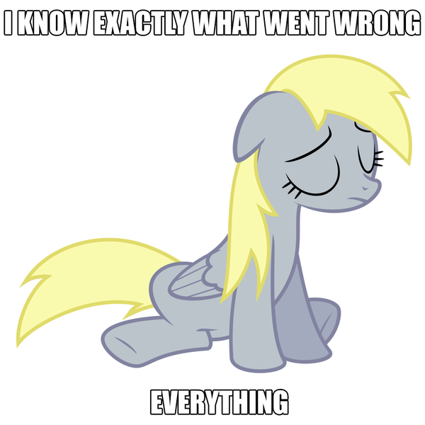 Size: 1024x1024 | Tagged: safe, artist:puetsua, derpibooru import, edit, editor:pink amena, derpy hooves, pegasus, pony, caption, eyes closed, i just don't know what went wrong, i know exactly what went wrong, image, image macro, meme, png, sad, simple background, solo, text, vector, white background