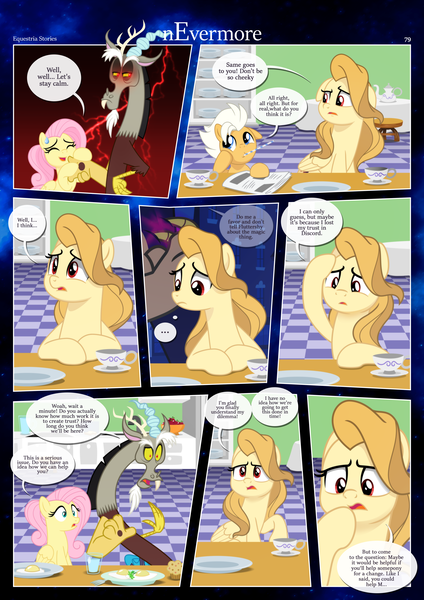 Size: 3259x4607 | Tagged: safe, artist:estories, derpibooru import, discord, fluttershy, oc, oc:alice goldenfeather, oc:fable, draconequus, pegasus, pony, comic:nevermore, alternate hairstyle, cup, image, kitchen, mouth hold, newspaper, png, speech bubble, teacup