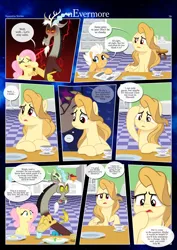 Size: 3259x4607 | Tagged: safe, artist:estories, derpibooru import, discord, fluttershy, oc, oc:alice goldenfeather, oc:fable, draconequus, pegasus, pony, comic:nevermore, alternate hairstyle, cup, image, kitchen, mouth hold, newspaper, png, speech bubble, teacup