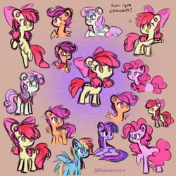 Size: 2048x2048 | Tagged: safe, artist:flutterberrypie, derpibooru import, apple bloom, pinkie pie, rainbow dash, scootaloo, sweetie belle, twilight sparkle, earth pony, pegasus, pony, unicorn, adorabloom, apple bloom's bow, blank flank, bow, colored pinnae, cute, cutealoo, cutie mark crusaders, cutie mark cuties, dashabetes, diapinkes, diasweetes, female, filly, foal, g4, hair bow, high res, horn, image, jpeg, lying down, mare, no pupils, open mouth, open smile, prone, raised hoof, round ears, signature, smiling, spread wings, twiabetes, unicorn twilight, wings