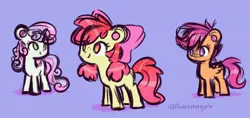 Size: 2047x966 | Tagged: safe, artist:flutterberrypie, derpibooru import, apple bloom, scootaloo, sweetie belle, earth pony, pegasus, pony, unicorn, adorabloom, alternate hairstyle, apple bloom's bow, blank flank, bow, colored pinnae, cute, cutealoo, cutie mark crusaders, cutie mark cuties, diasweetes, female, filly, foal, g4, hair bow, horn, image, jpeg, light blue background, no pupils, pigtails, round ears, signature, simple background, small wings, smiling, trio, wings